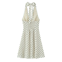 Lunivop Sexy Beige Polka Dot Spliced Lace Bow Halter V Collar Backless Mini Dress Women Elastic Zipper Back A-line Short Robe Holiday
