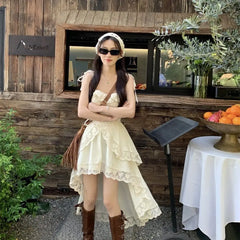 Hnewly Sweet Casual Irregular Slip Dress Women Ruffles Designer Sexy Elegant Fairy Dress Female 2024 Summer Fashion Korean Party Dress