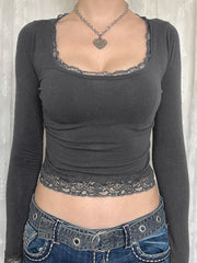 Hnewly Lace Patchwork Vintage T-shirt for Women Casual Y2K Harajuku Long Sleeves Pulovers Female Retro Slim Crop Tops Autumn