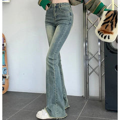 Hnewly Woman High Waist Vintage Streetwear Flare Jeans Female Elastic Grunge Bell Bottom Pants Girls Fashion Blue Denim Trousers