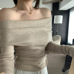 Hnewly FALL OUTFITS Elegant Ribbed Solid Crop Top Women Autumn Winter Skinny Tops Off Shoulder Long Sleeve T Shirt French Basic Tight Black T-shirt