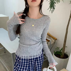 Hnewly Women's Ribbed Knit Top with Lace Trim Long Sleeve O-neck Stretchy Fitted Shirt Pullovers Sweater Teen-girl Basic Outfit