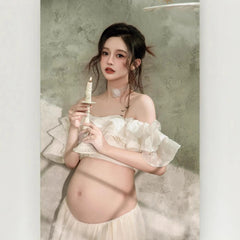 Hnewly Women Ruffles Tube Top with A-line Skirt 2pcs Set for Photography Shooting Elegant Photo Clothing Maternity Pregant Photo Shoot
