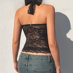 Hnewly Black Transparent Lace Camis Sexy See Through Sleeveless Bandage Halter Crop Top Women Summer Club Party Vest y2k Vintage