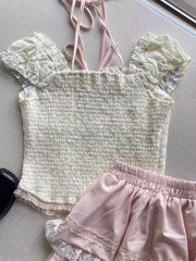 Hnewly Summer Sweet Slash Neck Slim 2-piece Set Women Fashion Cute Off Shoulder Lace Up Tops Pretty Chic Lovely Lace Short Skirt New