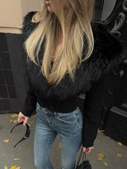 Hnewly Cutenew Knit Furry Patchwork Jacket Woman Elegant Warm Winter V-Neck Full Sleeve Fashion Classic Banquet Party Streetwear