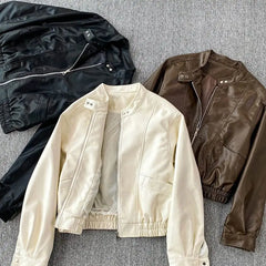Hnewly Retro Chic pu Leather Jacket Women's 2025 Spring Autumn Fashion Lapel Versatile Windproof Sweet&Cool BF Style Female Outerwear