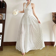 Hnewly Spring Summer New Women's Wear Polka Point Hanging Neck Dress Women's High end V-neck Waist