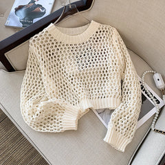 Hnewly Hollow Sun Protection Shirt Women's Summer Loose Pullover O-Neck Puff Long Sleeve Air Conditioning Knitwear Korean Retro Top