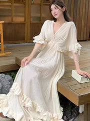 Hnewly Women's Ruffles Fairy French Dress V-Neck Full Skirt Short Sleeves Long Dressses Beach Holiday Vestidos 2025 Summer Fashion New