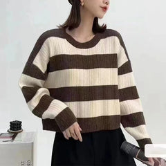 Hnewly Striped Knit Sweater for Women Long Sleeve Crew Neck Crop Knit Top Pullovers Striped Jumper Teen-girl Fall Winter Vintage Outfit