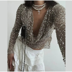 Hnewly Sexy Women's Sequined Off Shoulder Top Slim Hollow out V-neck Full Sleeve Solid Shirt Autumn Lady Shiny Party Tops New