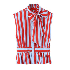 Lunivop Bow Tie Neck Sleeveless Striped Blouse Women Ruffle Hem Shirt Summer Tops