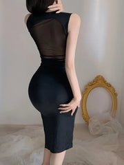 Hnewly Sexy Lingerie Black Thin Sheath Wrap Hip Long Bold Dress Nightclub Erotic Passion Sheer Charm Sleeveless Design Fashion X45Q