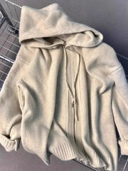 Hnewly Gray Hooded Sweater Coat Autumn Winter Double Zipper Long Sleeve Loose Fashion Korean Soft Thickened Knitted Tops Coats