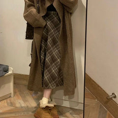 Hnewly Vintage Plaid Skirt Women Preppy Style Autumn Winter Long Skirts Retro High Waist Streetwear Casual A-line Midi Skirts