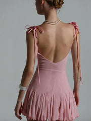 Hnewly Lace Patchwork Dress Women Backless Bow Lace-Up Sleeveless Thinny Pleated Solid Midnight Clubwear Party Mini Bodycon