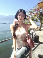 Hnewly Summer Chiffon Floral Blouse Women Casual Y2k Crop Tops Beach Style Korean Fashion Clothing Chic Tank Tops Vest Female Shirts