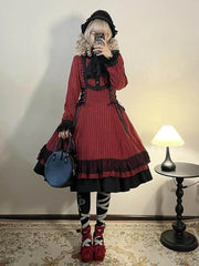 Hnewly Original Gothic Dark Red Large Size Lolita Style Long Sleeve Dresses Op Spring New Women's Slim Fit Elegant Retro Cosplay Dress