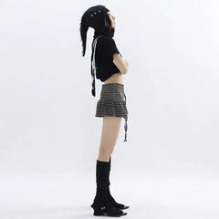 Hnewly Japanese Style Striped Skirt Women Vintage Harajuku Lace Up Ruffle Mini Skirt Streetwear Grunge Summer Short Skirts