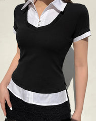 Hnewly Casual Slim Patchwork T Shirt Fake 2 Piece Basic Turn-Down Collor Short Sleeve Tees Women 2024 Summer Fashion Streetwear