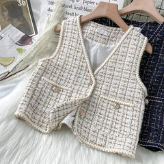 Hnewly Women New Autumn Tweed Elegant Vintag Vest V-neck Sleeveless Slim Pockets Waistcoat Ladies Fashion Womens Short Small Vest