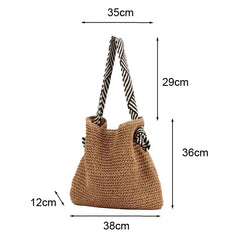 Hnewly Women's Handmade Woven Tote Beach Bag Striped Handle Large Capacity Summer Holiday Fashion Casual Shoulder Bags