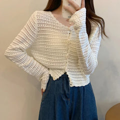 Hnewly Women Button Up Short Cardigan Knitted Shirt Hollow Out Crochet Crop Top Long Sleeved Thin Cover Up Teen-girl Casual Outfit