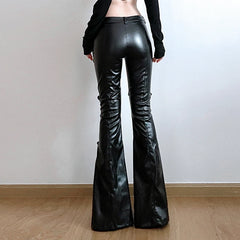 Hnewly PU Flare Pant Goth Lace Patchwork Pants Women Fashion Y2K Streetwear Vintage Aesthetics Casual Trouesrs