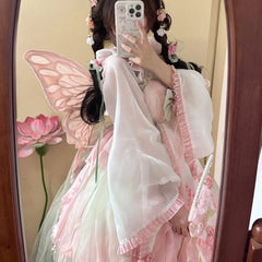 Hnewly Sweet Lolita Princess Dress Women Cute Cartoon Rabbit Print Flower Ruffles Party Dresses Chinese Hanfu Style Kawaii Lolita Sets