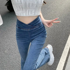 Hnewly Women's Jeans Bell Bottom Trousers Slim Fit Pants for Women Skinny Flared High Waist Shot Blue Flare Harajuku Fashion Retro Emo