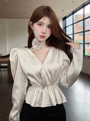 Hnewly 3D Floral Satin Shirt Women Long Sleeve Elegant Vintage Blouse Korean Casual Sexy V Neck Slim Female Champagne Tops Spring