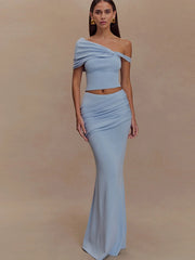 Hnewly Elegant Fashion 2 Piece Set Women Irregular Skew Collar Backless Crop Top+Ruched Skirts Summer Trend Beach Style Suit