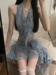 Hnewly Summer Two Pieces Set Summer Halter Print Slim Sweet Ruffled Vest + Women Y2k Aesthetic Streetwear 3D Flower Grunge Mini Skirts
