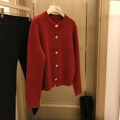 Hnewly Solid O-Neck Sweater French Elegant Single Breasted Women's Spring Autumn Winter New Fashion All-match Long Sleeve Top Coat