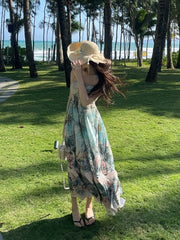 Hnewly Beach Boho Floral Midi Dress Women Casual Y2k Clothing Bodycon Sexy Dress Even Party One Piece Dress Korean Fashion Sleeveless