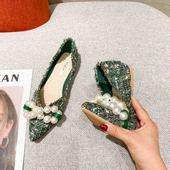 Lunivop Flat Shoes for Women Spring Summer New Big Pearls Green White Women Flats Slip on Casual Loafers Zapatillas Mujer 44 45 46