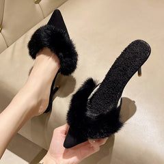Hnewly Spring Faux Fur Mules Slippers Women Pointed Toe Slip-On Thin Heels Sandals Woman Short Plush Lined Closed Toe Slides Shoes