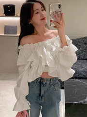 Hnewly Off Shoulder Ruffles White Shirt Women Flare Sleeve Sexy Cropped Slim Blouse Korean Fashion Slash Neck Female Elegant Tops
