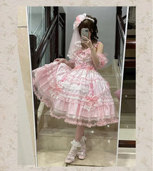 Hnewly Pink Sweet Lolita Evening Dresses for Women Girls Cute Bow Lace Pearl Chain Sling Dress JSK Princess Birthday Party Dres