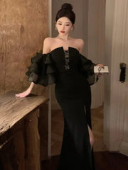 Hnewly DRESS TO IMPRESS Elegant Party Dress Women High End Lantern Sleeve Strapless High Waist Split Long Dresses Korean Fashion Slim Vestidos