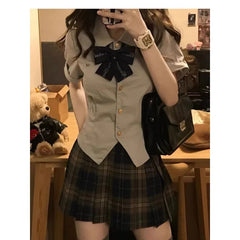 Hnewly Summer Japanese Fashion Lapel Bow Short Top Plaid Pleated Skirt Jk Suit 2pcs Women Korean Girls School Uniform Plus Size XL