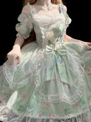 Hnewly Summer Fairy Lolita Tulip's Printed Sling Dress Women Elegant Bow Lace Ruffles Off-the-Shoulder Princess Dresses In Stock
