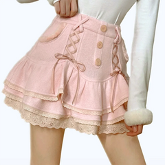 Hnewly Japanese lolita kawaii clothes pink mini skirt with shorts Lace High Waist korean style women 2025 new fall White skirt fluffy