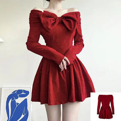 Hnewly NEW YEAR DRESS Holiday Christmas Bow Velvet A-Line Red Dress Slim Slash Neck Long Sleeve Mini Dresses For Women Autumn Winter Lady