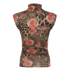 Hnewly Vintage Floral Print Crop Top Women Retro Sleeveless Turtleneck Skinny Tank Tops Harajuku y2k Tee Summer Casual Lady Vest