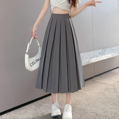 Hnewly Classic Pleated A-Line Suit Skirts Women Loose Elastic Waist Skirts for Woman Office Lady Solid Color High Waist Skirt Mujer