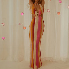 Hnewly Boho Knitted Hollow Out Long Dress Sexy V Neck Backless Tie-up Halter Dress Chic Women Summer Beach Holiday Club Party Clothing