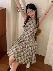 Hnewly Cute Casual Plaid Dress Women Sweet Japan Preppy Style Mini Dress Vintage Slim Female O Neck Sleeveless Kawaii Vestidos New