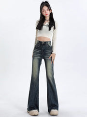 Hnewly Blue High Waist Skinny Pants Jeans Women Autumn High Street Slimming Trumpet Denim Pants Retro Extended Version Horseshoe Pants